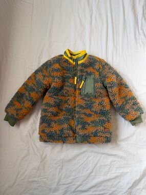 7 For All Mankind Kids' Colorblock Sherpa Jacket in Olive Green & Mustard